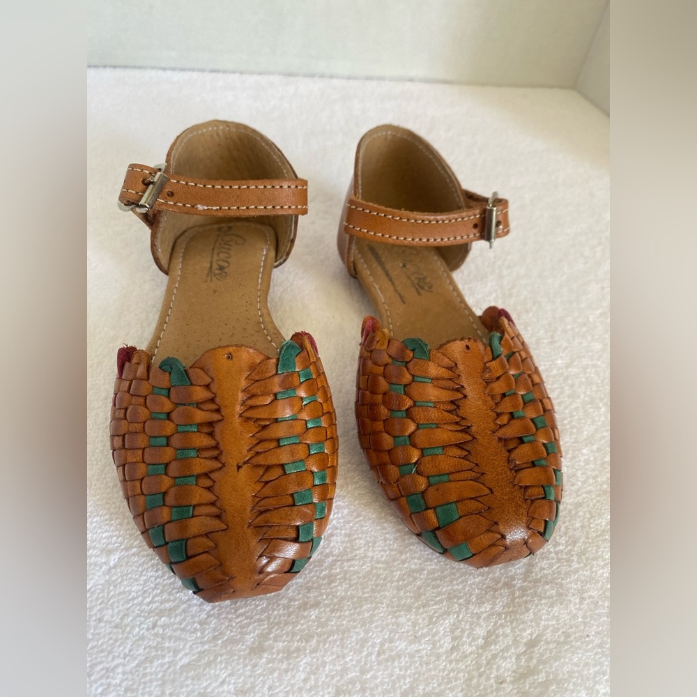 Brown and Green‎ Woven Leather Sandals